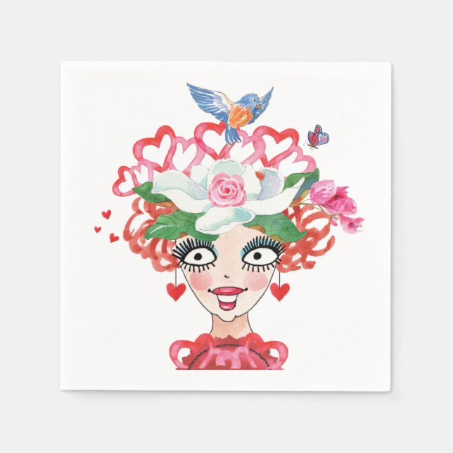 Happy Hearts Flowers Bird Lady Hat  Napkins (Front)
