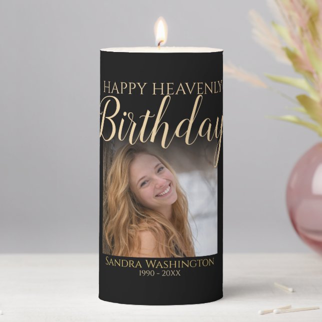 Happy Heavenly Birthday Photo Memorial Pillar Cand Pillar Candle (In Situ)