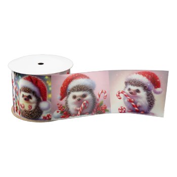 Happy Hedgehog Candy Cane Christmas Gift  Satin Ribbon by YellowSnail at Zazzle