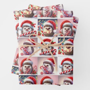 Happy Hedgehog Candy Cane Christmas Gift Wrap by YellowSnail at Zazzle