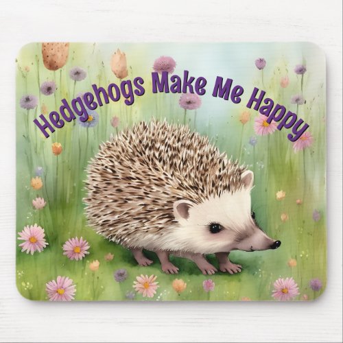 Happy Hedgehog Watercolor In Field Of Flowers  Mouse Pad