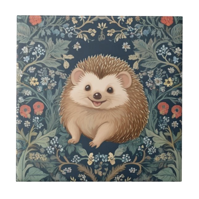 Happy Hedgehog William Morris style Floral Ceramic Tile (Front)
