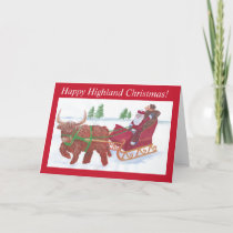 Happy Highland Christmas cow pulling santa sleigh Holiday Card