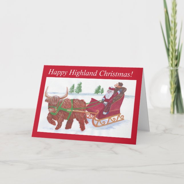 Happy Highland Christmas cow pulling santa sleigh Holiday Card (Front)