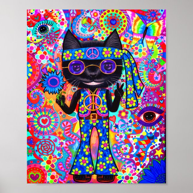 Happy Hippie Cat Peace Sign Purple Sunglasses '60s (Front)