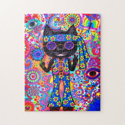 Happy Hippie Cat Sunglasses Peace Sign Flower 60s Jigsaw Puzzle