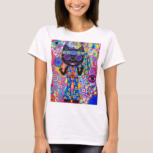 Happy Hippie Cat Sunglasses Peace Sign Flower '60s T-Shirt (Front)