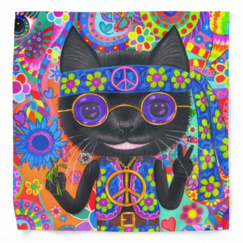 Happy Hippie Cat Sunglasses Peace Sign Flower Bandana