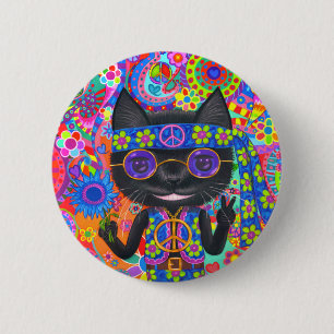 Happy Hippie Cat Sunglasses Peace Sign Flower Button