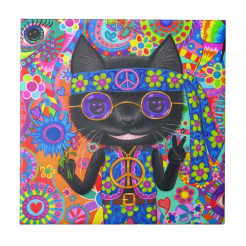Happy Hippie Cat Sunglasses Peace Sign Flower Ceramic Tile