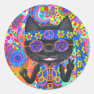 Happy Hippie Cat Sunglasses Peace Sign Flower Classic Round Sticker