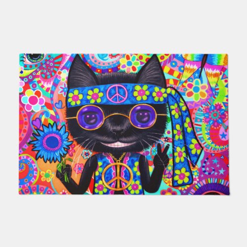 Happy Hippie Cat Sunglasses Peace Sign Flower Doormat