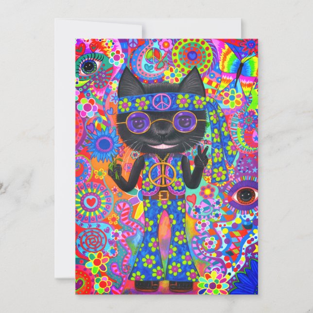 Happy Hippie Cat Sunglasses Peace Sign Flower Invitation (Front)