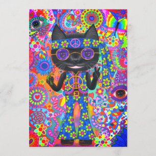 Happy Hippie Cat Sunglasses Peace Sign Flower Invitation