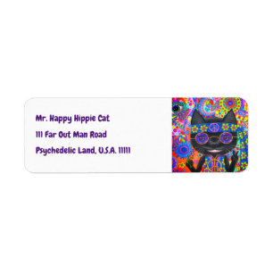 Happy Hippie Cat Sunglasses Peace Sign Flower Label