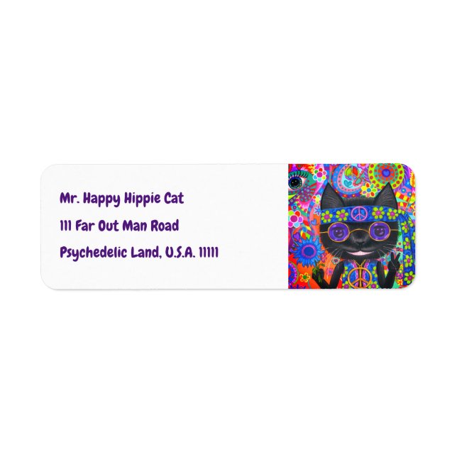 Happy Hippie Cat Sunglasses Peace Sign Flower Label (Front)