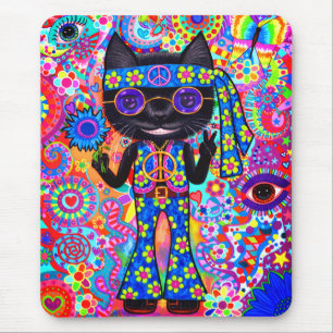 Happy Hippie Cat Sunglasses Peace Sign Flower Mouse Pad