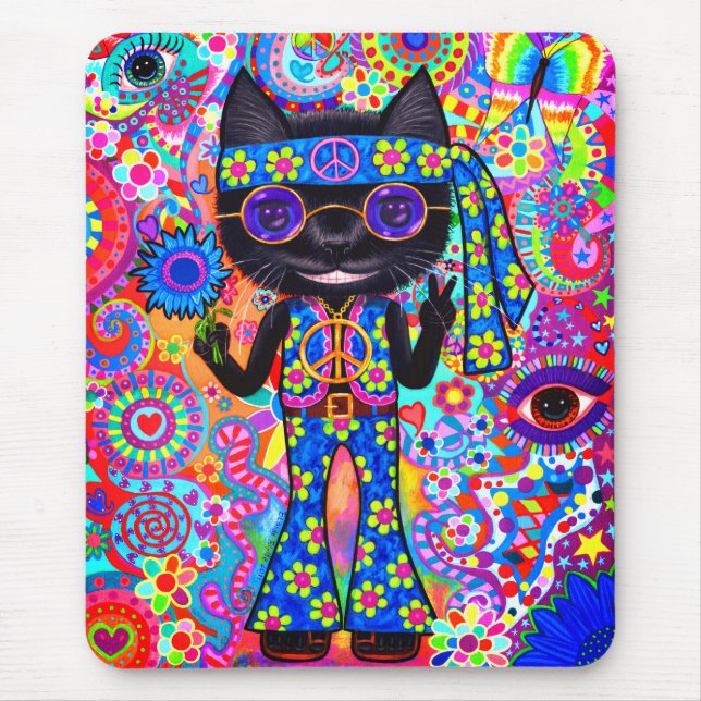Happy Hippie Cat Sunglasses Peace Sign Flower Mouse Pad (Front)