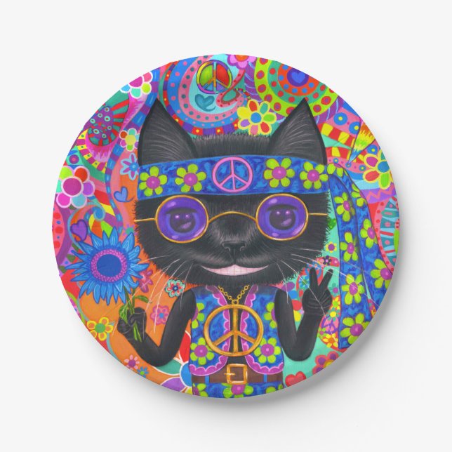 Happy Hippie Cat Sunglasses Peace Sign Flower Paper Plates (Front)