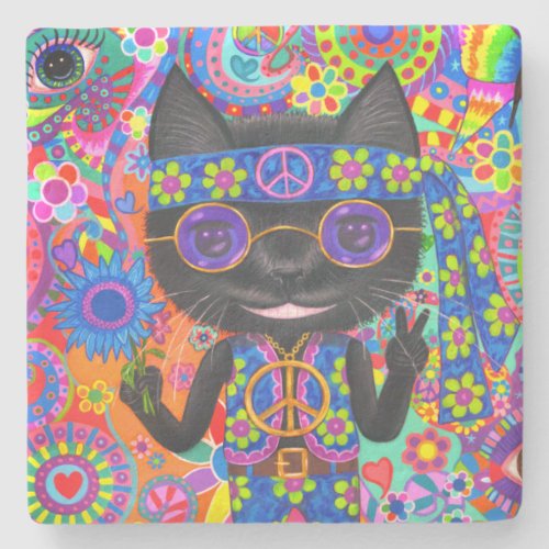 Happy Hippie Cat Sunglasses Peace Sign Flower Stone Coaster