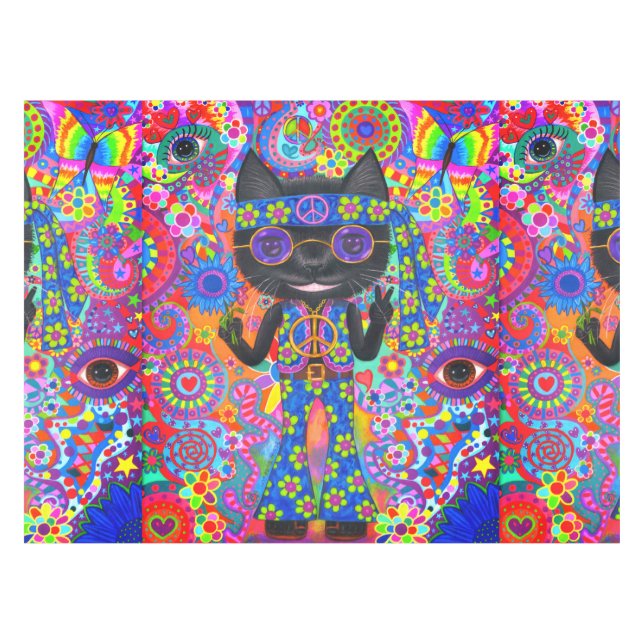 Happy Hippie Cat Sunglasses Peace Sign Flower Tablecloth (Front (Horizontal))
