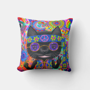 Happy Hippie Cat Sunglasses Peace Sign Flower Throw Pillow