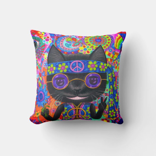 Happy Hippie Cat Sunglasses Peace Sign Flower Throw Pillow (Front)