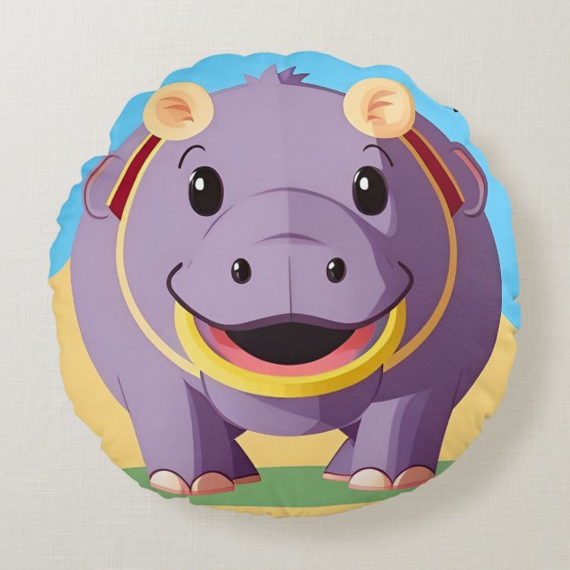 Happy Hippo Character Round Pillow (Front)