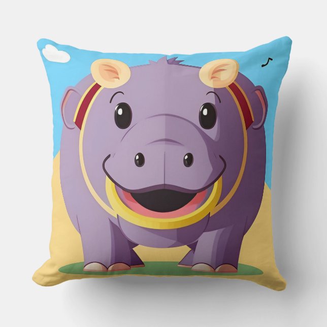 Happy Hippo Character Throw Pillow (Front)