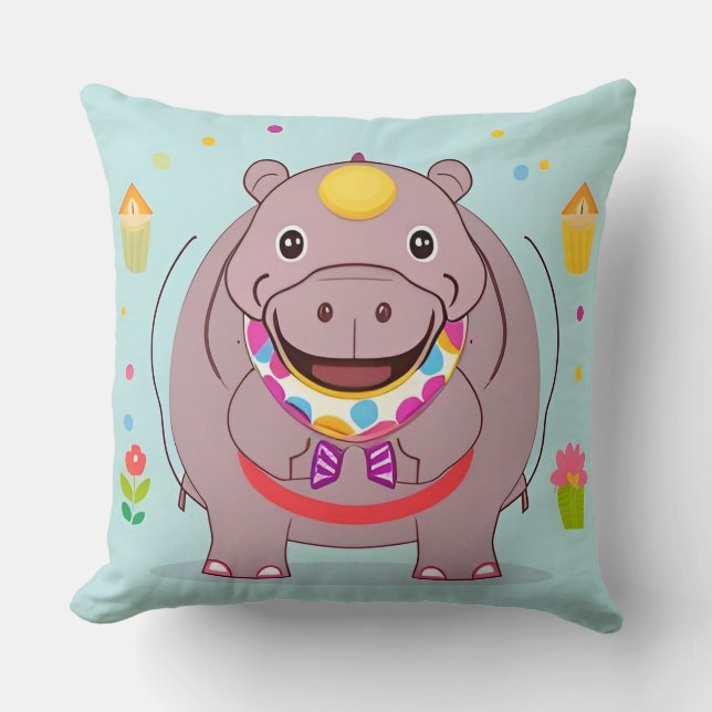 Happy Hippo Character with Festive Decorations Throw Pillow (Front)