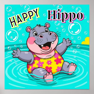 Happy Hippo   Cute Cartoon Kid's Nursery Art Poster
