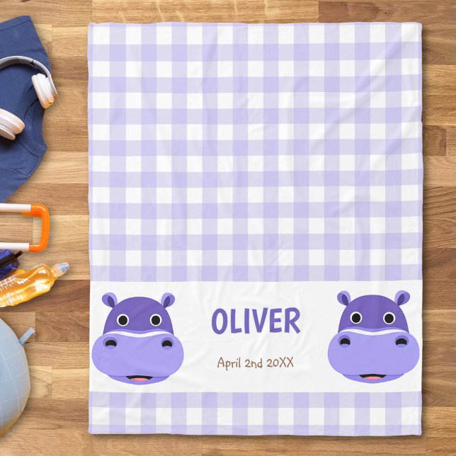 Happy Hippo Face Purple Gingham Fleece Blanket (Creator Uploaded)