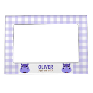 Happy Hippo Face Purple Gingham Magnetic Frame