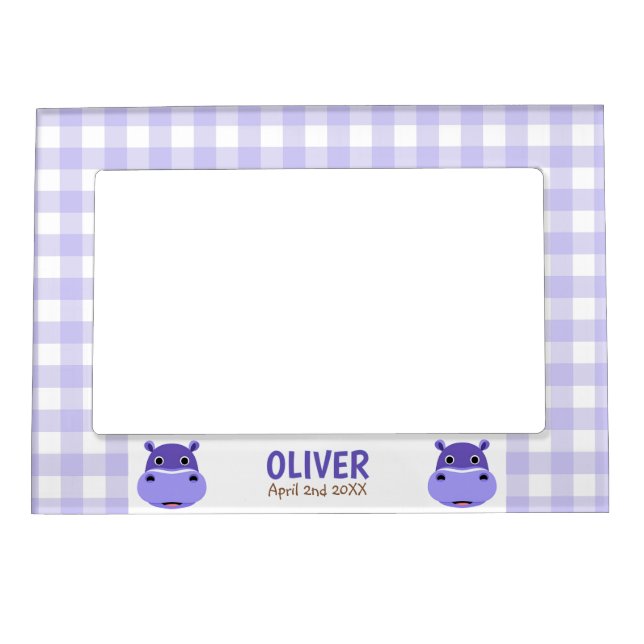 Happy Hippo Face Purple Gingham Magnetic Frame (Front)