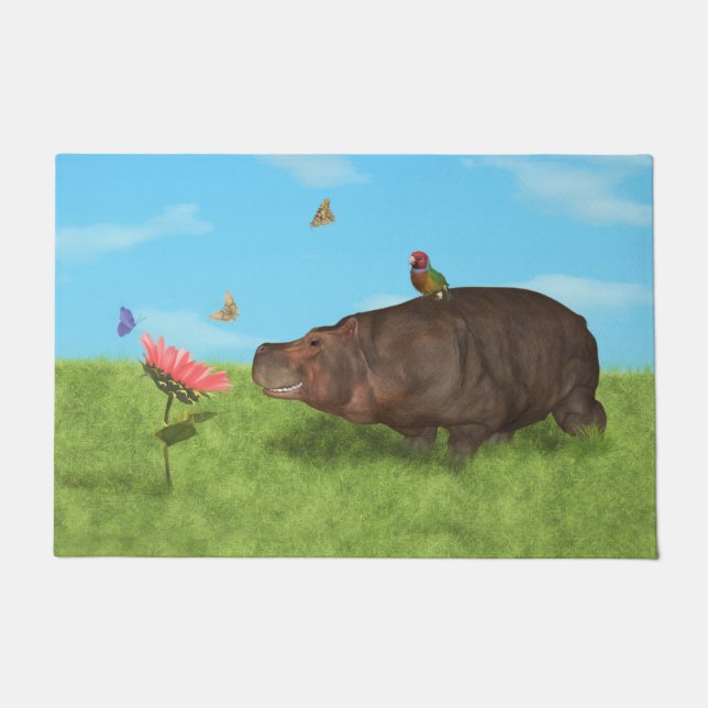 Happy Hippo, Flower, Butterflies Doormat (Front)