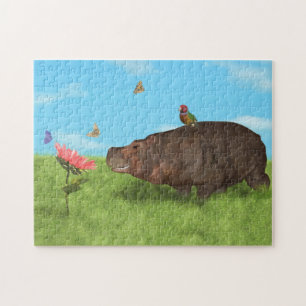 Happy Hippo, Flower, Butterflies Jigsaw Puzzle
