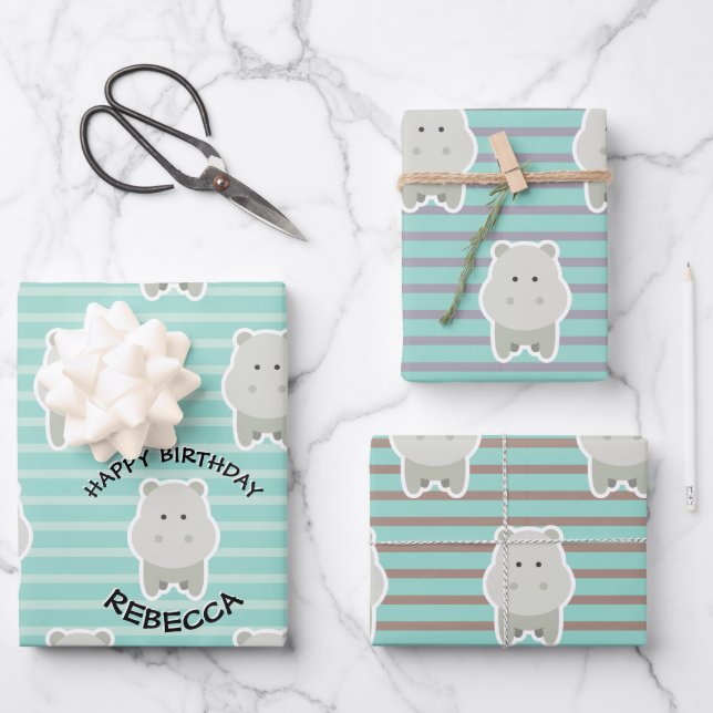 Happy Hippo Stripes Birthday Name Wrapping Paper Sheets (Front)