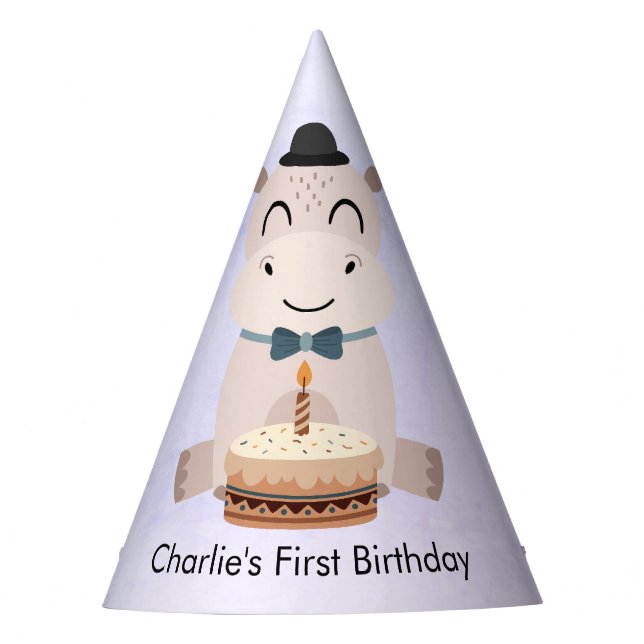 Happy Hippo with birthday cake Party Hat (Front)