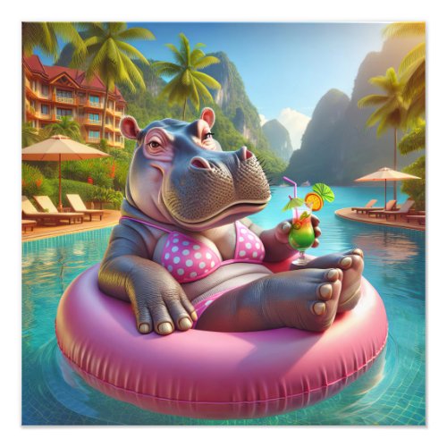 Happy Hippo With Cocktail Drink Photo Print