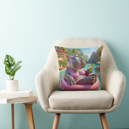 Happy Hippo With Cocktail Drink Throw Pillow
