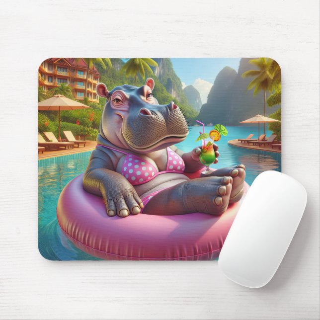Happy Hippo With Drink Mouse Pad (With Mouse)