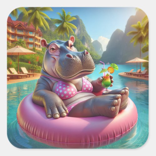 Happy Hippo With Drink Square Sticker