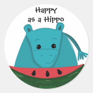 Happy Hippo with Watermelon Slice Classic Round Sticker
