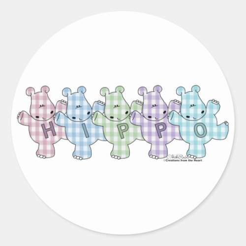 Happy Hippos pastel gingham Classic Round Sticker