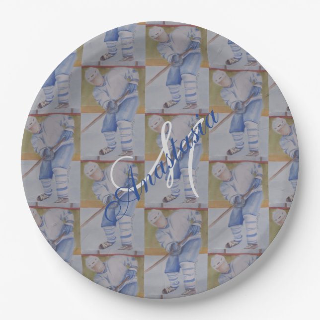 HAPPY HOCKEY PARTY MONOGRAM PAPER PLATES (Front)