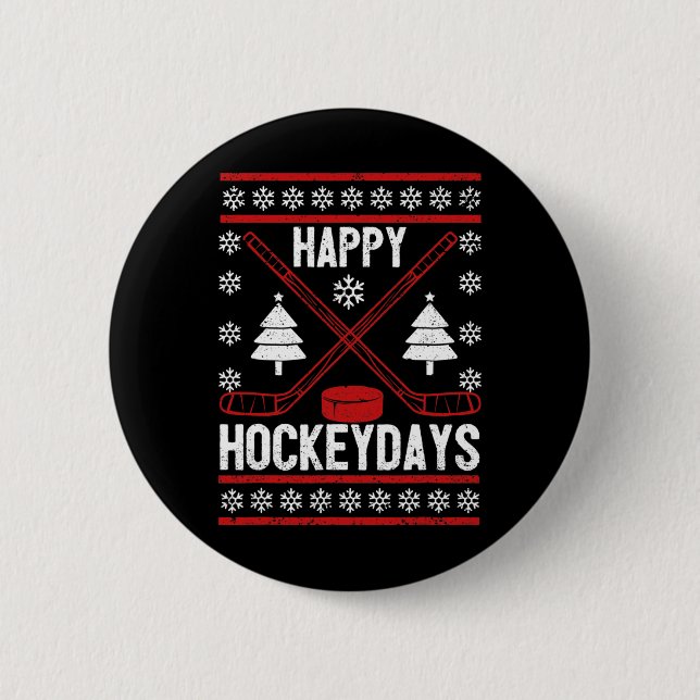 Happy Hockeydays Fun Christmas Ice Hockey Player F Button (Front)