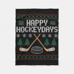 Happy Hockeydays Funny Ice Hockey Ugly Christmas Fleece Blanket