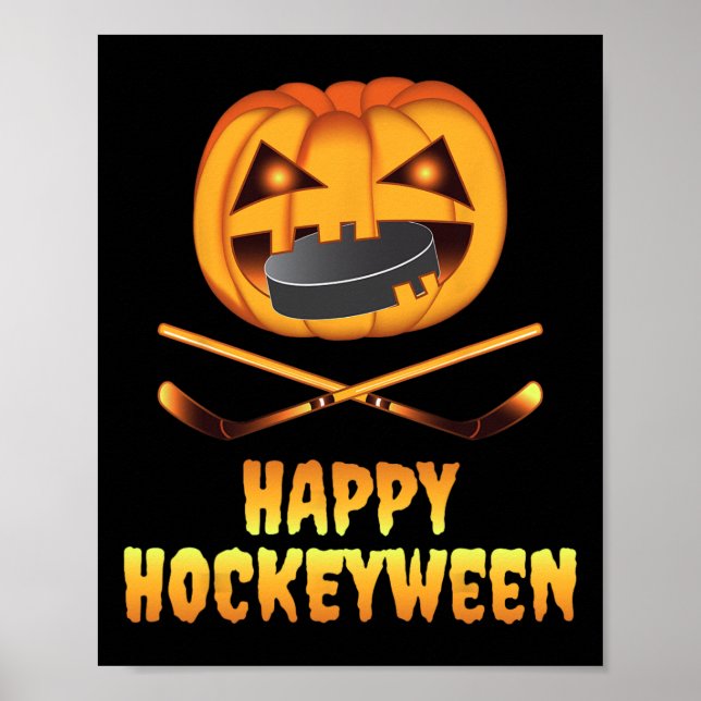 Happy Hockeyween Hockey Pumpkin Eating Puck Fun Ha Poster (Front)