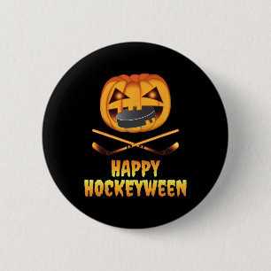 Happy Hockeyween Hockey Pumpkin Eating Puck Funny Button