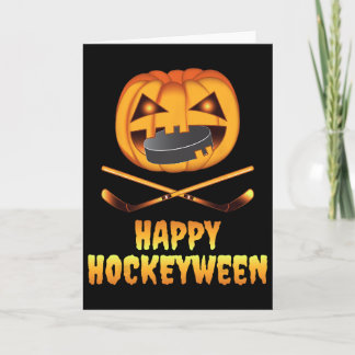 Happy Hockeyween Hockey Pumpkin Eating Puck Funny Card